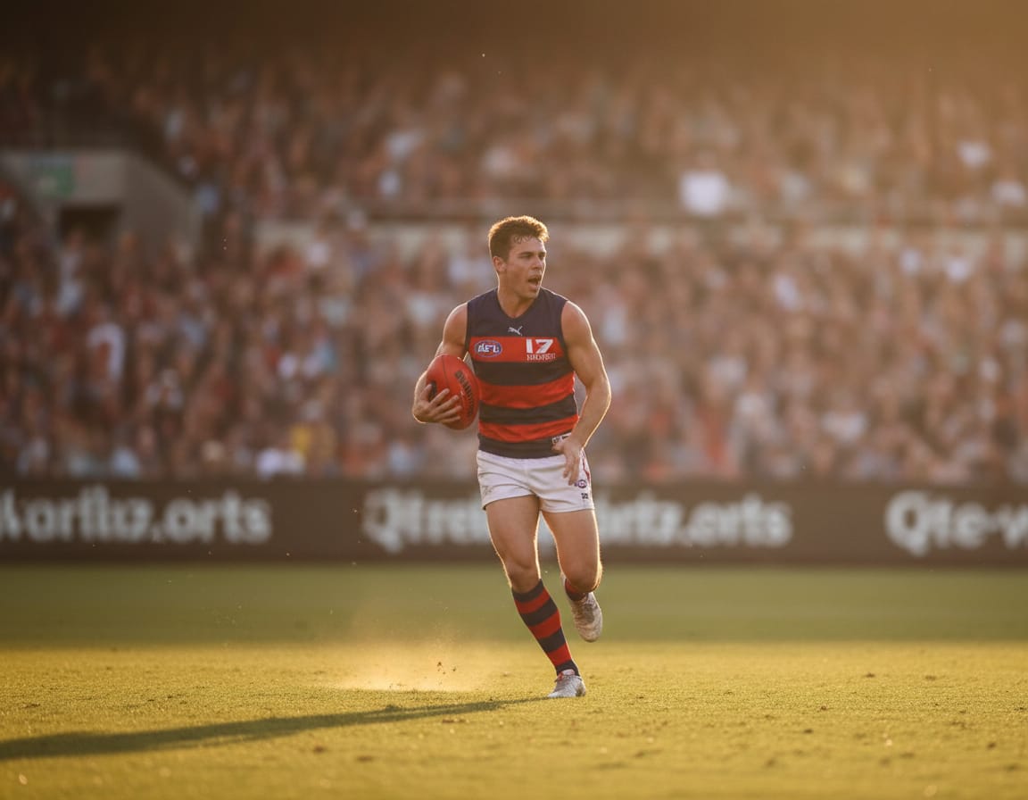 An Australian rules footballer running with the ball at a packed stadium